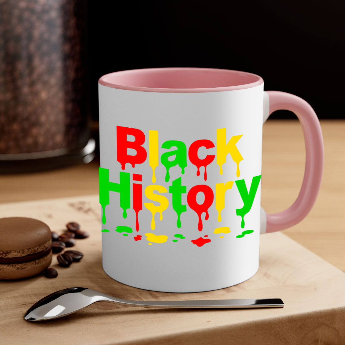 Black History Drip 241# Mug with colorful handle and interior, showcasing a glossy finish and C-shaped handle design.