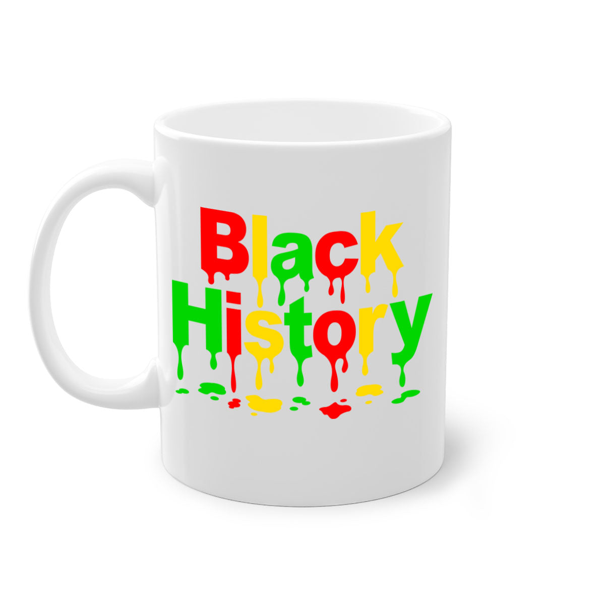 Black History Drip 241# Mug with colorful handle and interior, showcasing a glossy finish and C-shaped handle design.