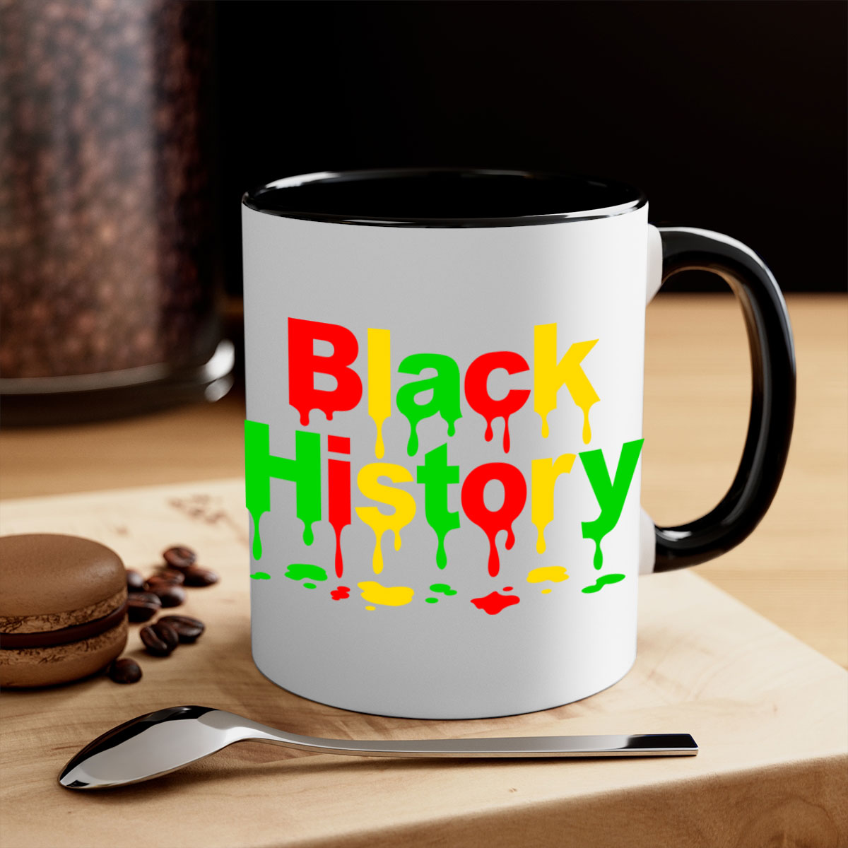 Black History Drip 241# Mug with colorful handle and interior, showcasing a glossy finish and C-shaped handle design.