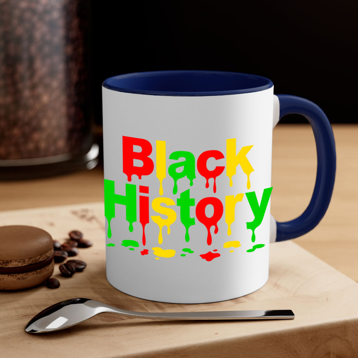 Black History Drip 241# Mug with colorful handle and interior, showcasing a glossy finish and C-shaped handle design.