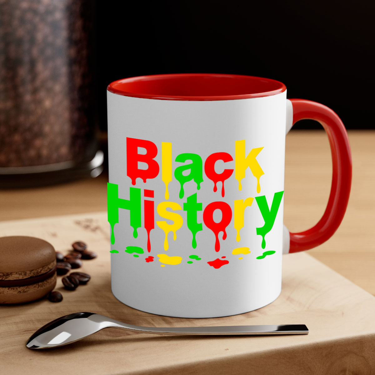 Black History Drip 241# Mug with colorful handle and interior, showcasing a glossy finish and C-shaped handle design.