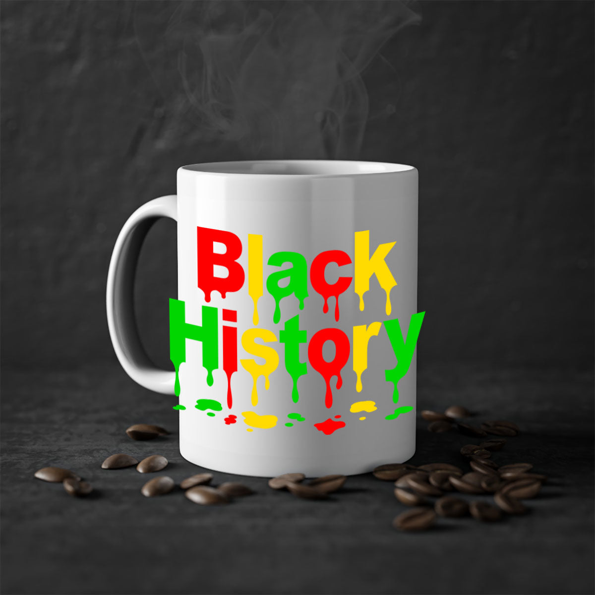 Black History Drip 241# Mug with colorful handle and interior, showcasing a glossy finish and C-shaped handle design.