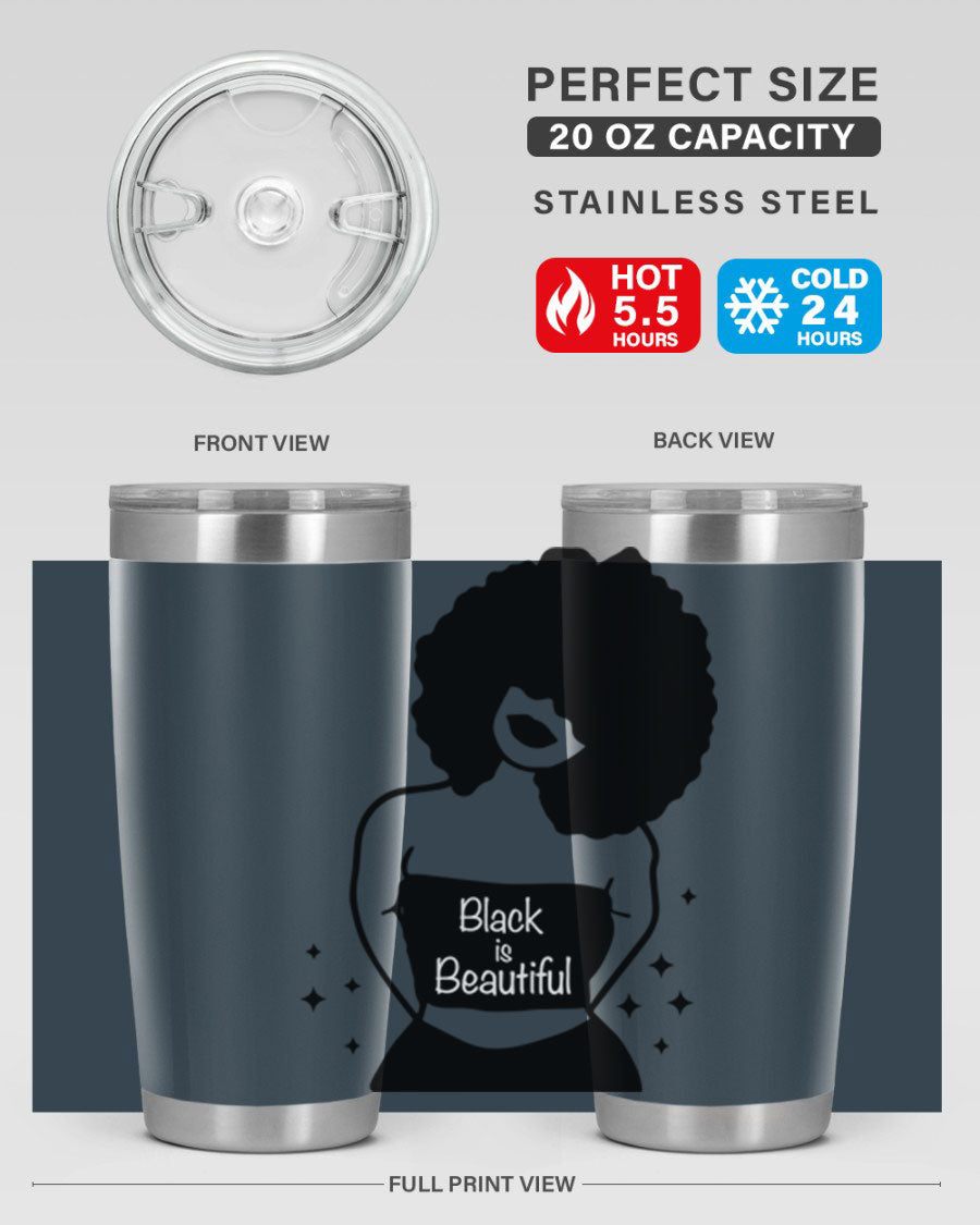 Black is Beautiful 11# Tumbler, 20oz double wall vacuum stainless steel with copper lining, featuring a stylish design and drink-thru lid.