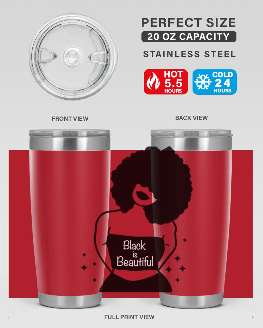 Black is Beautiful 11# Tumbler, 20oz double wall vacuum stainless steel with copper lining, featuring a stylish design and drink-thru lid.