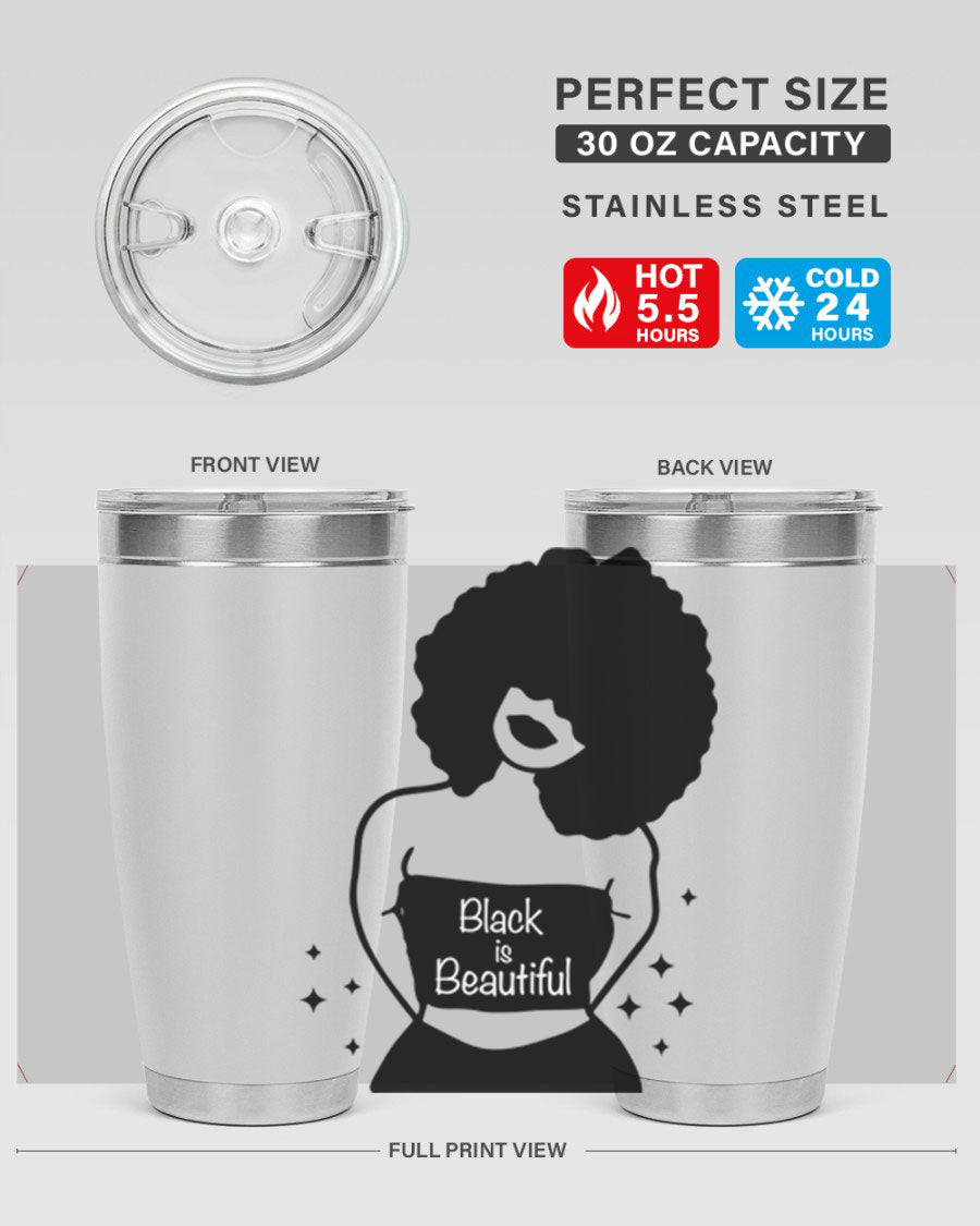 Black is Beautiful 11# Tumbler, 20oz double wall vacuum stainless steel with copper lining, featuring a stylish design and drink-thru lid.