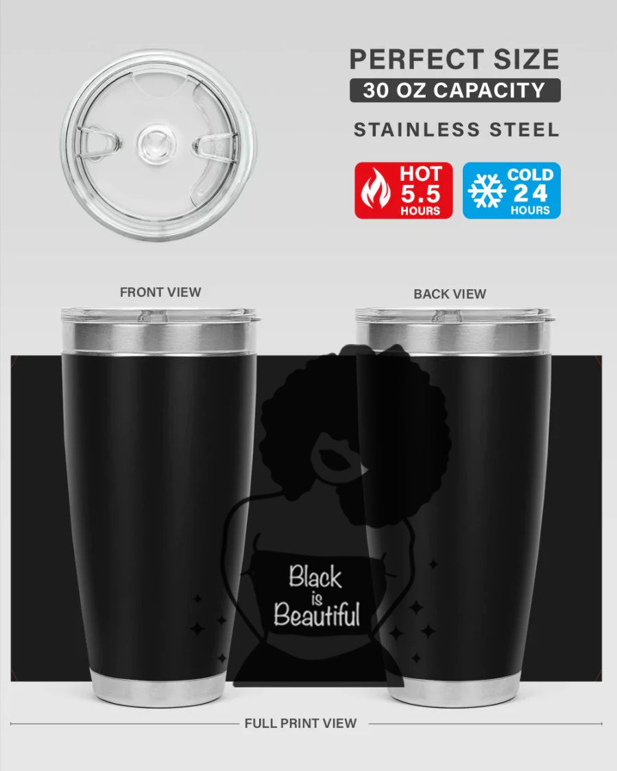 Black is Beautiful 11# Tumbler, 20oz double wall vacuum stainless steel with copper lining, featuring a stylish design and drink-thru lid.