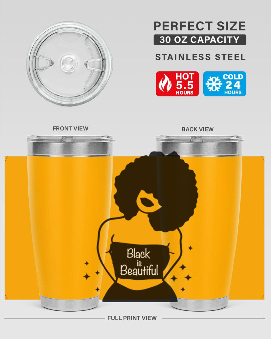 Black is Beautiful 11# Tumbler, 20oz double wall vacuum stainless steel with copper lining, featuring a stylish design and drink-thru lid.