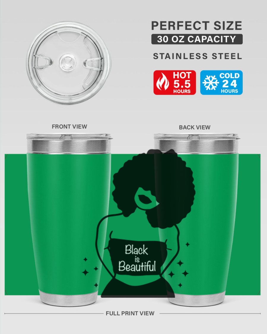 Black is Beautiful 11# Tumbler, 20oz double wall vacuum stainless steel with copper lining, featuring a stylish design and drink-thru lid.