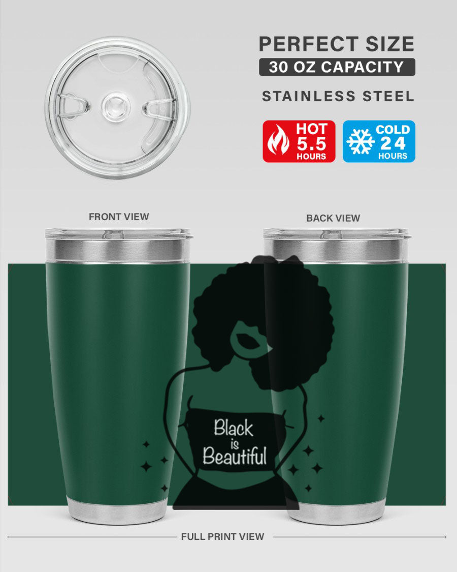 Black is Beautiful 11# Tumbler, 20oz double wall vacuum stainless steel with copper lining, featuring a stylish design and drink-thru lid.