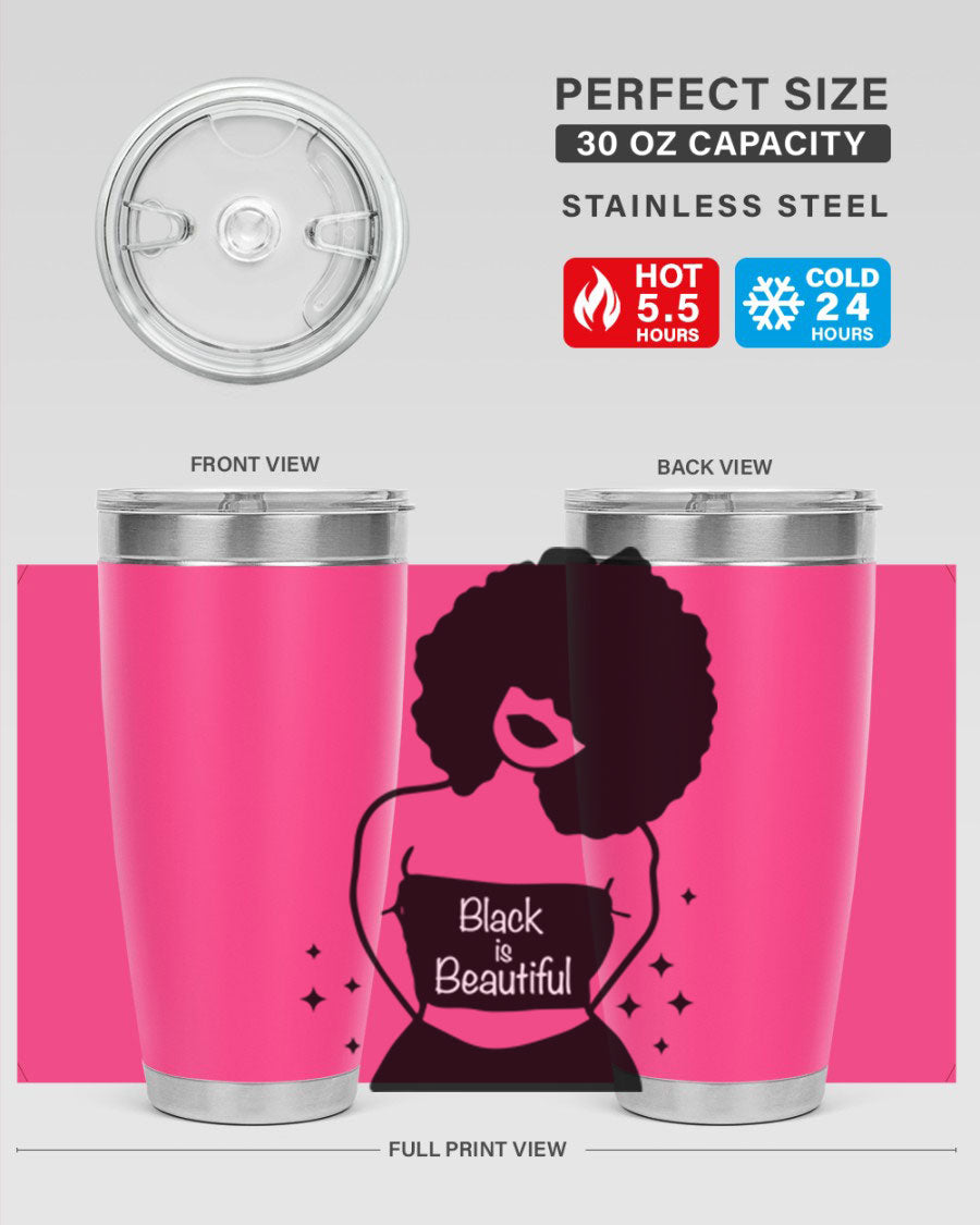 Black is Beautiful 11# Tumbler, 20oz double wall vacuum stainless steel with copper lining, featuring a stylish design and drink-thru lid.