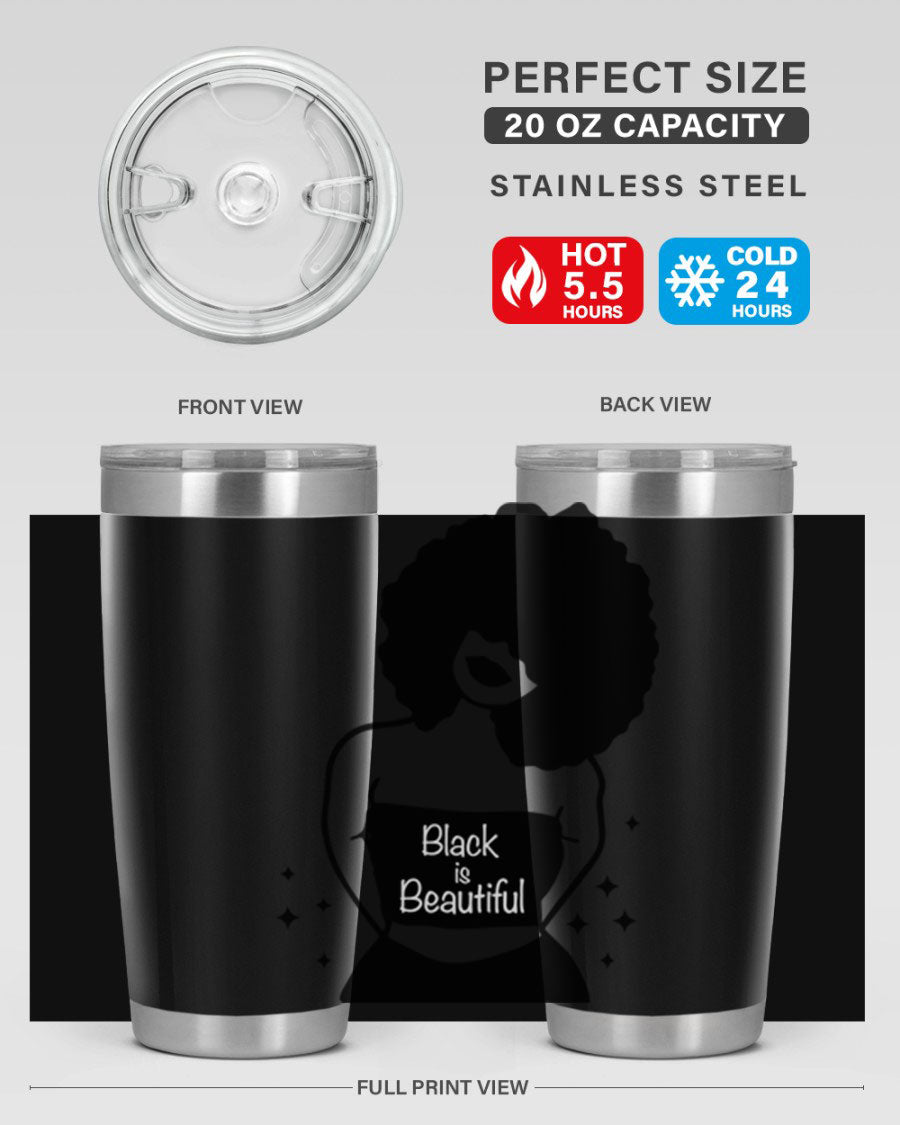 Black is Beautiful 11# Tumbler, 20oz double wall vacuum stainless steel with copper lining, featuring a stylish design and drink-thru lid.