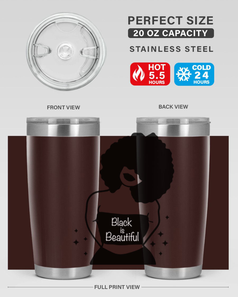 Black is Beautiful 11# Tumbler, 20oz double wall vacuum stainless steel with copper lining, featuring a stylish design and drink-thru lid.