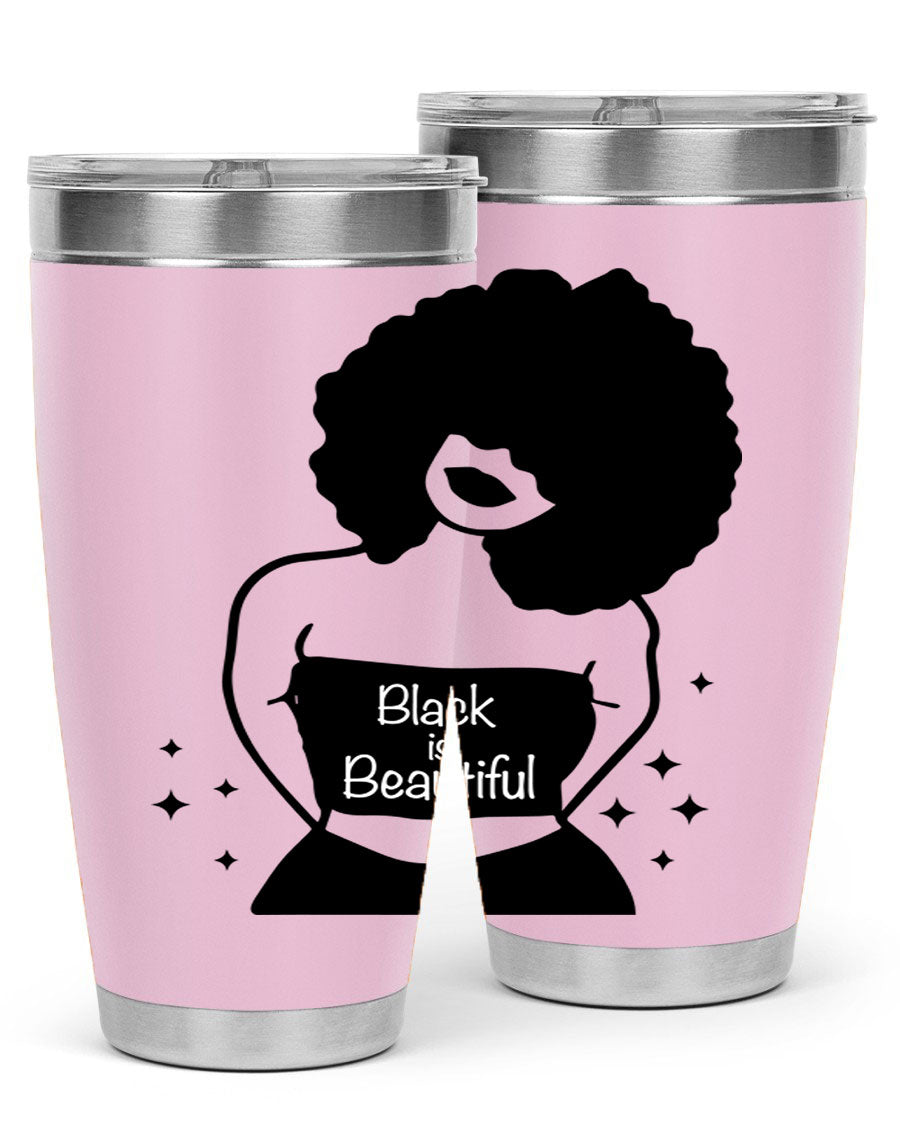 Black is Beautiful 11# Tumbler, 20oz double wall vacuum stainless steel with copper lining, featuring a stylish design and drink-thru lid.