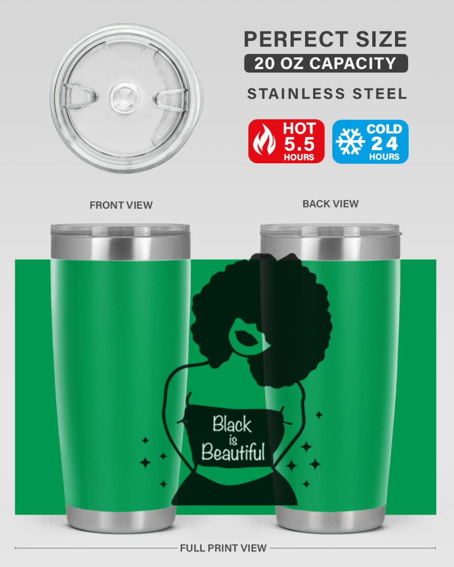 Black is Beautiful 11# Tumbler, 20oz double wall vacuum stainless steel with copper lining, featuring a stylish design and drink-thru lid.