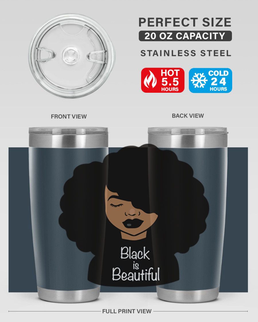 Black is Beautiful 12# Tumbler, 20oz, double wall vacuum stainless steel with copper lining, featuring a stylish design and drink-thru lid.