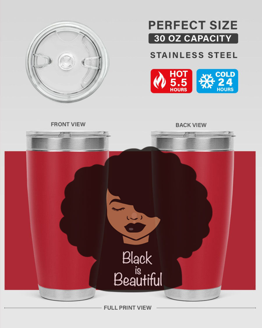 Black is Beautiful 12# Tumbler, 20oz, double wall vacuum stainless steel with copper lining, featuring a stylish design and drink-thru lid.