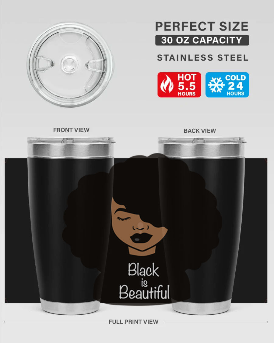 Black is Beautiful 12# Tumbler, 20oz, double wall vacuum stainless steel with copper lining, featuring a stylish design and drink-thru lid.