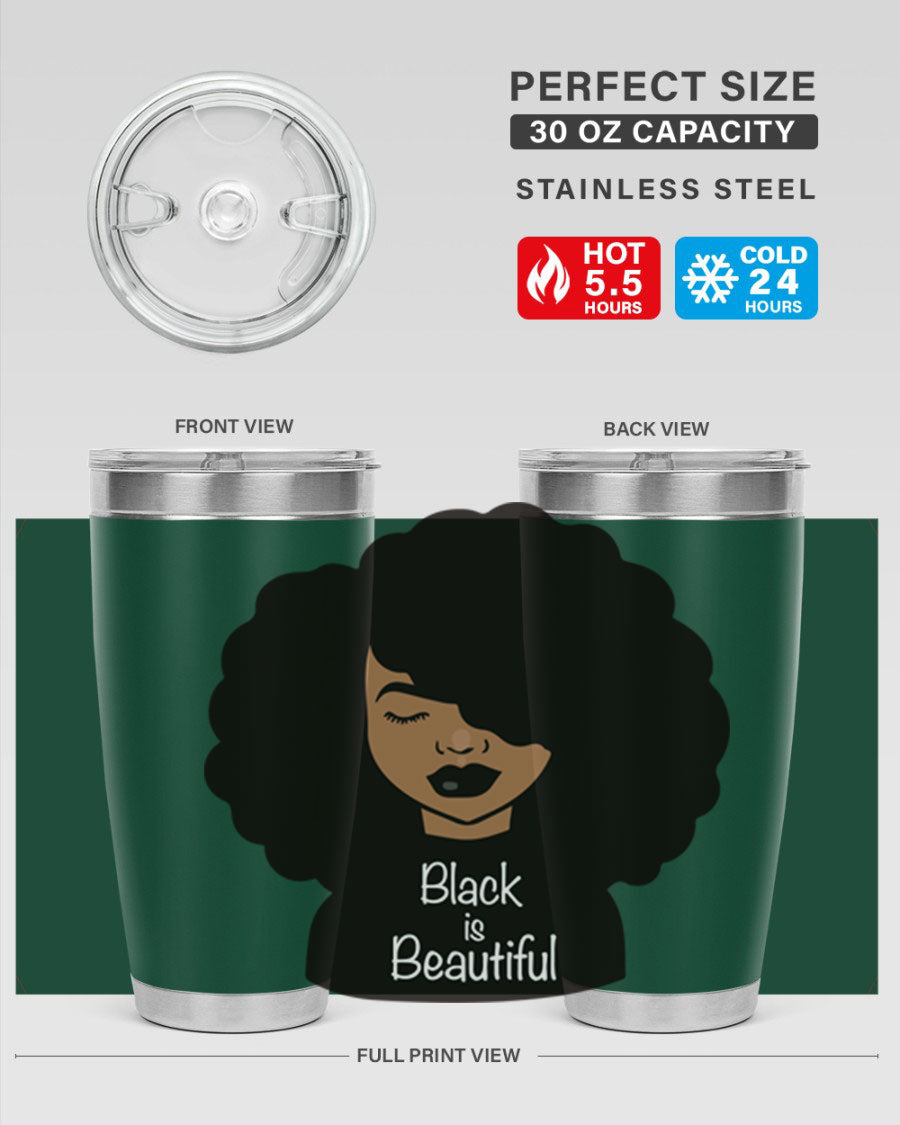 Black is Beautiful 12# Tumbler, 20oz, double wall vacuum stainless steel with copper lining, featuring a stylish design and drink-thru lid.