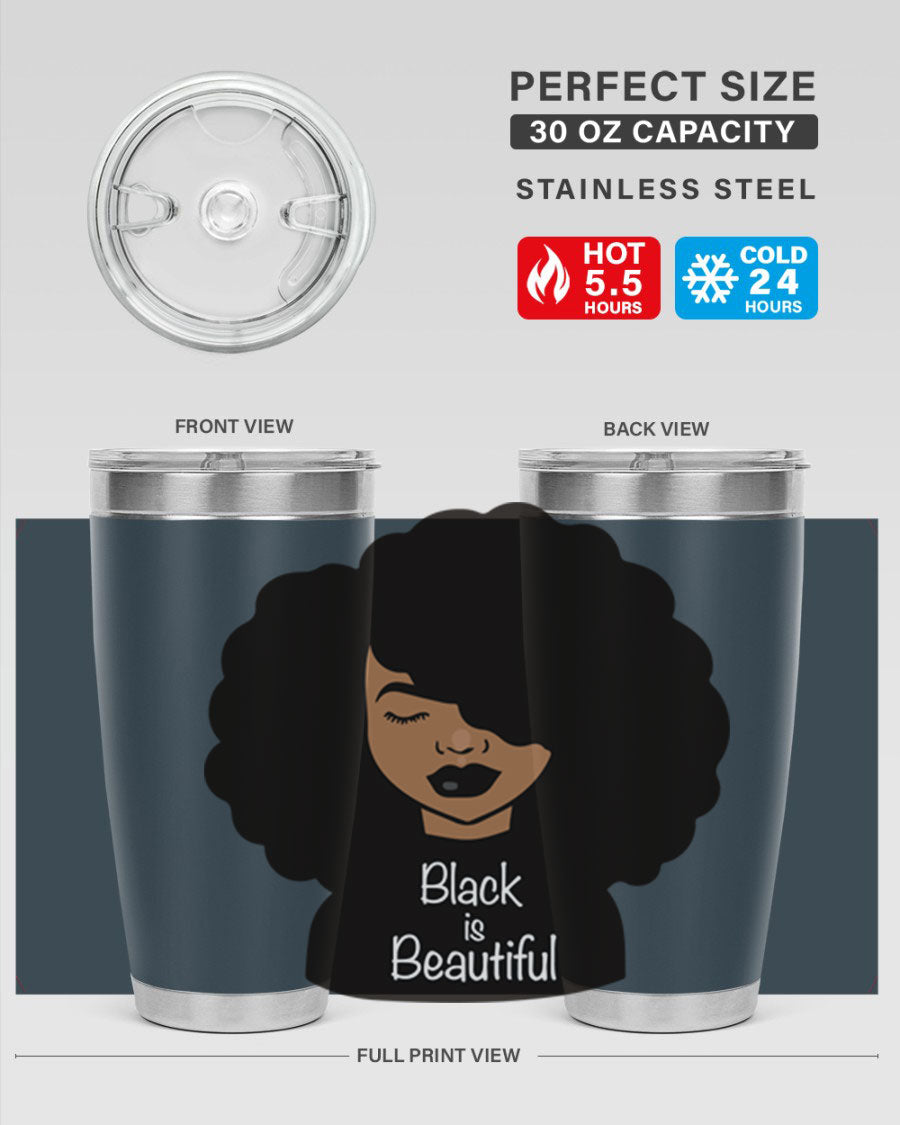 Black is Beautiful 12# Tumbler, 20oz, double wall vacuum stainless steel with copper lining, featuring a stylish design and drink-thru lid.