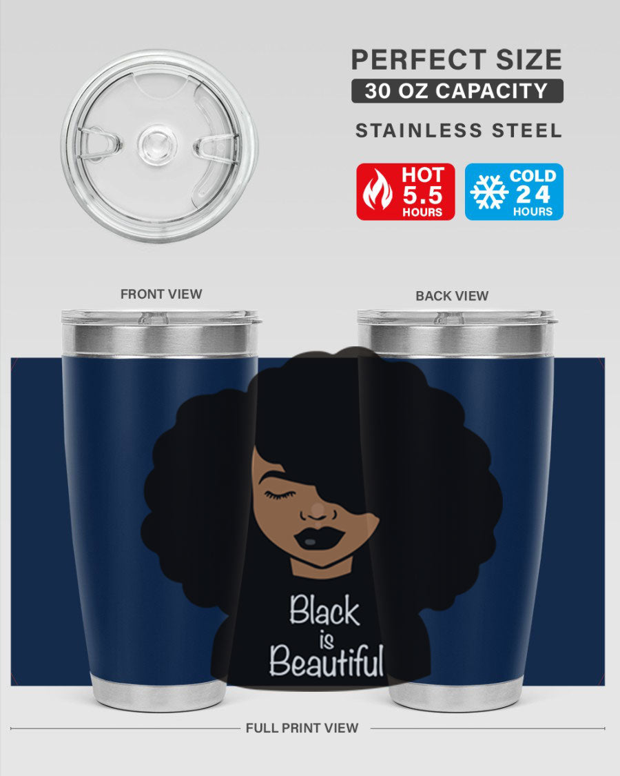 Black is Beautiful 12# Tumbler, 20oz, double wall vacuum stainless steel with copper lining, featuring a stylish design and drink-thru lid.