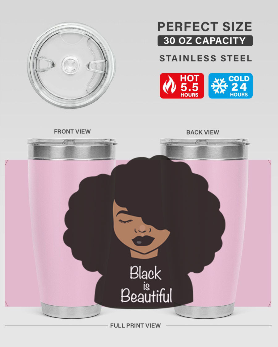 Black is Beautiful 12# Tumbler, 20oz, double wall vacuum stainless steel with copper lining, featuring a stylish design and drink-thru lid.