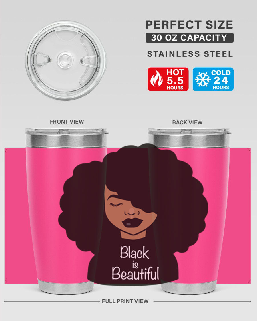 Black is Beautiful 12# Tumbler, 20oz, double wall vacuum stainless steel with copper lining, featuring a stylish design and drink-thru lid.