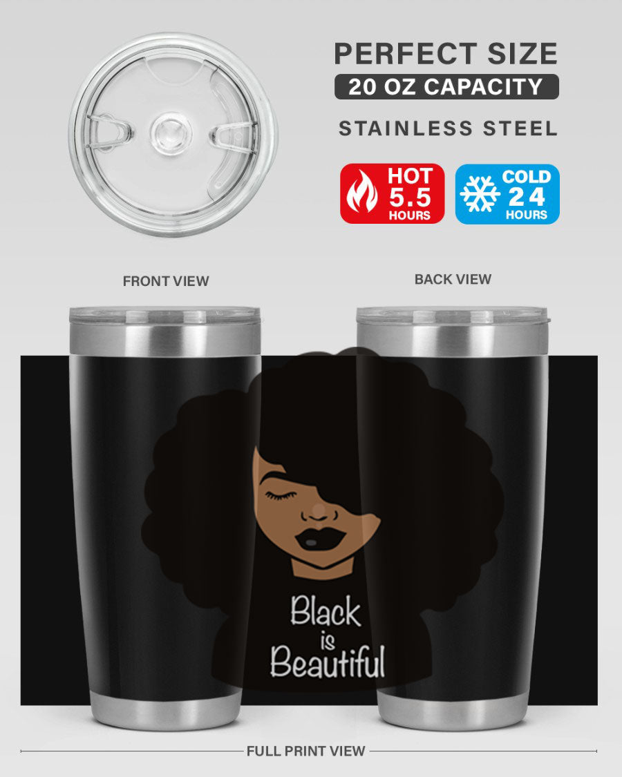 Black is Beautiful 12# Tumbler, 20oz, double wall vacuum stainless steel with copper lining, featuring a stylish design and drink-thru lid.