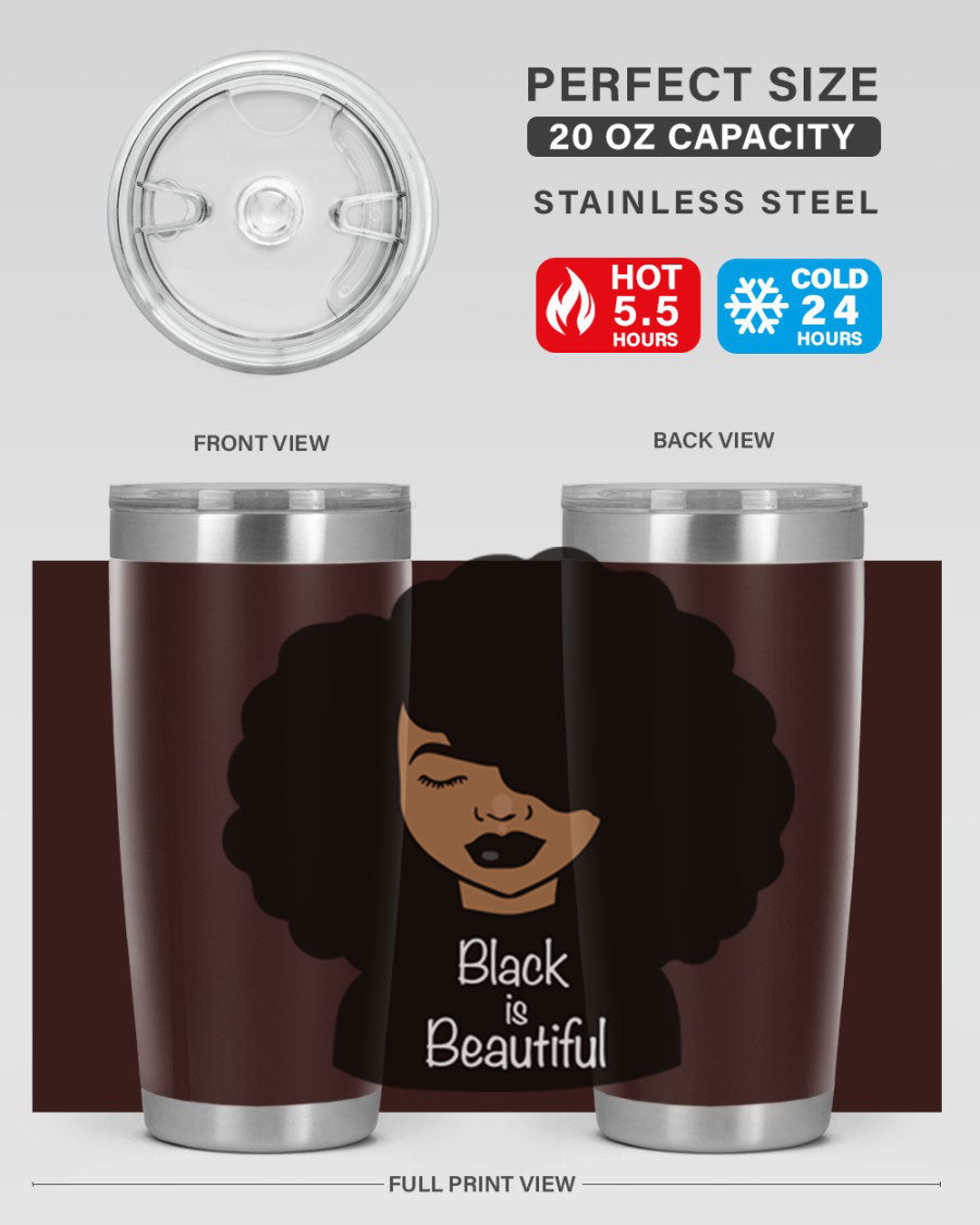 Black is Beautiful 12# Tumbler, 20oz, double wall vacuum stainless steel with copper lining, featuring a stylish design and drink-thru lid.