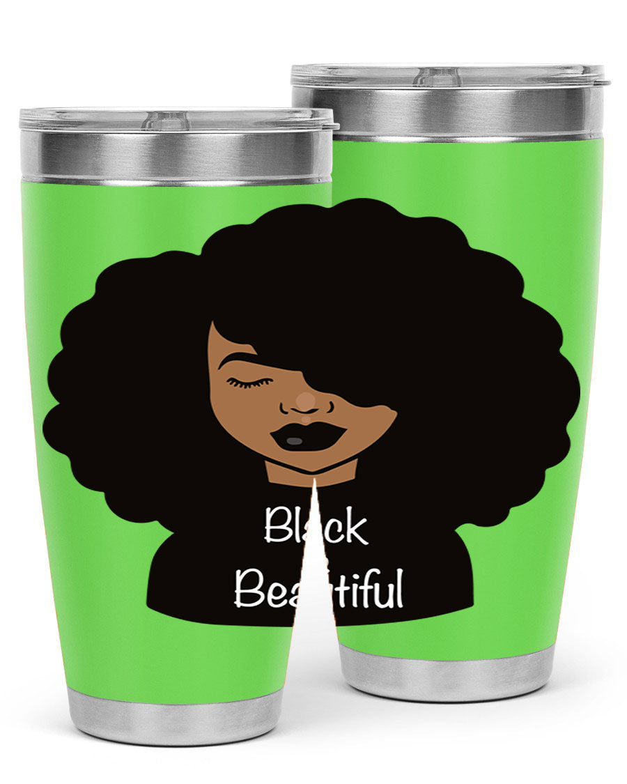 Black is Beautiful 12# Tumbler, 20oz, double wall vacuum stainless steel with copper lining, featuring a stylish design and drink-thru lid.