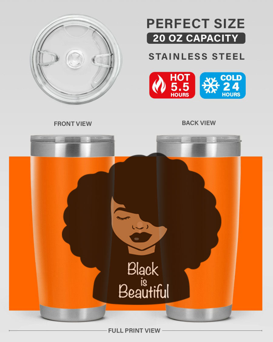 Black is Beautiful 12# Tumbler, 20oz, double wall vacuum stainless steel with copper lining, featuring a stylish design and drink-thru lid.