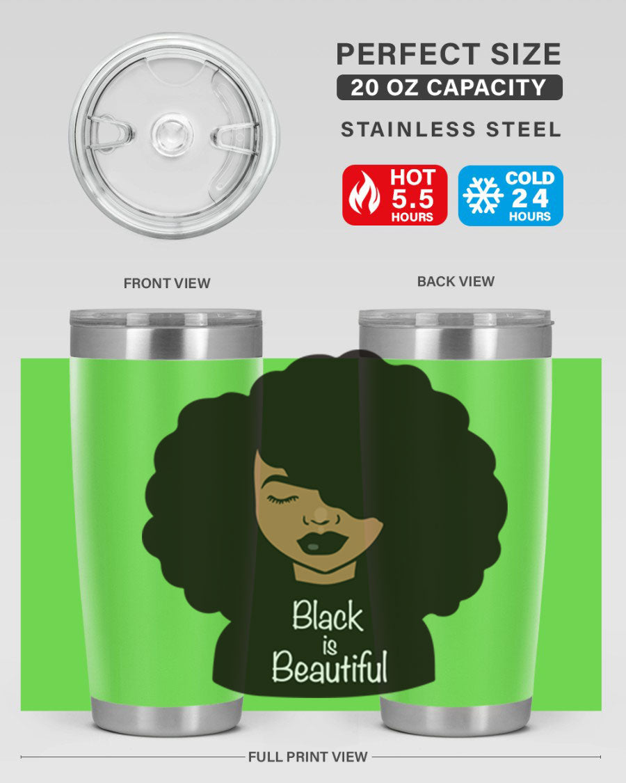 Black is Beautiful 12# Tumbler, 20oz, double wall vacuum stainless steel with copper lining, featuring a stylish design and drink-thru lid.