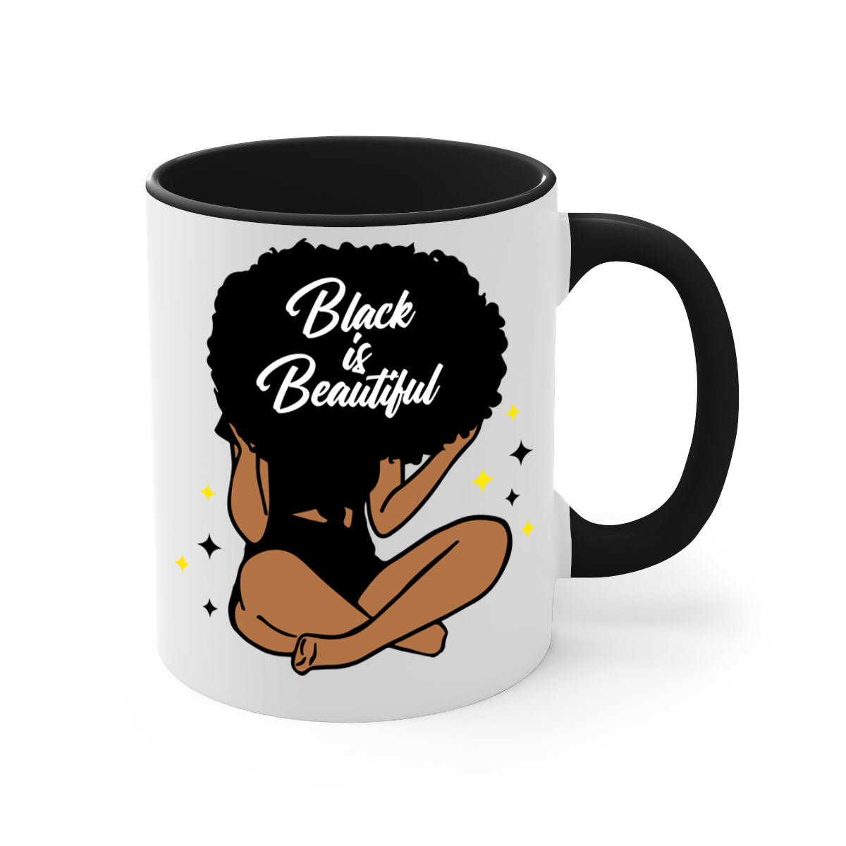 Black is Beautiful mug featuring a two-tone design with a colored handle and glossy finish, available in multiple colors.