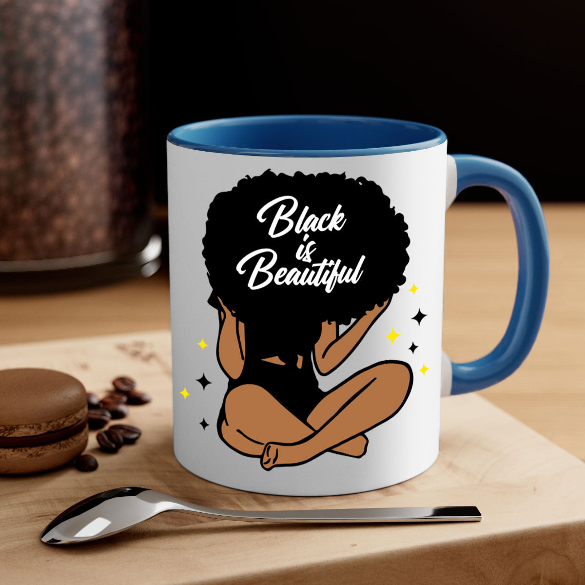 Black is Beautiful mug featuring a two-tone design with a colored handle and glossy finish, available in multiple colors.