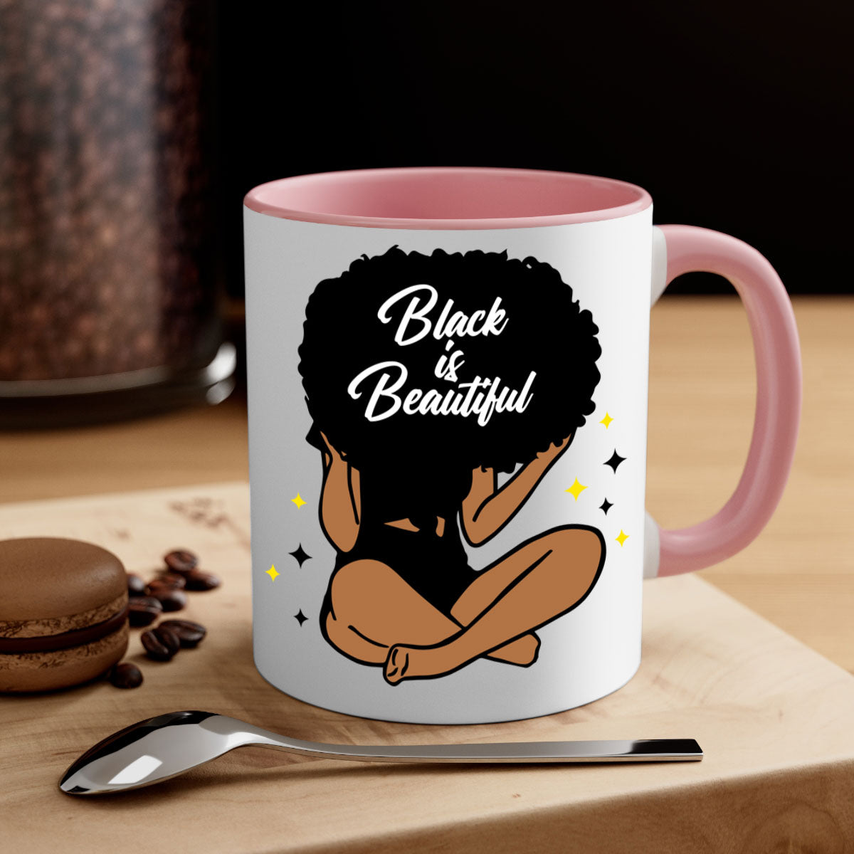 Black is Beautiful mug featuring a two-tone design with a colored handle and glossy finish, available in multiple colors.