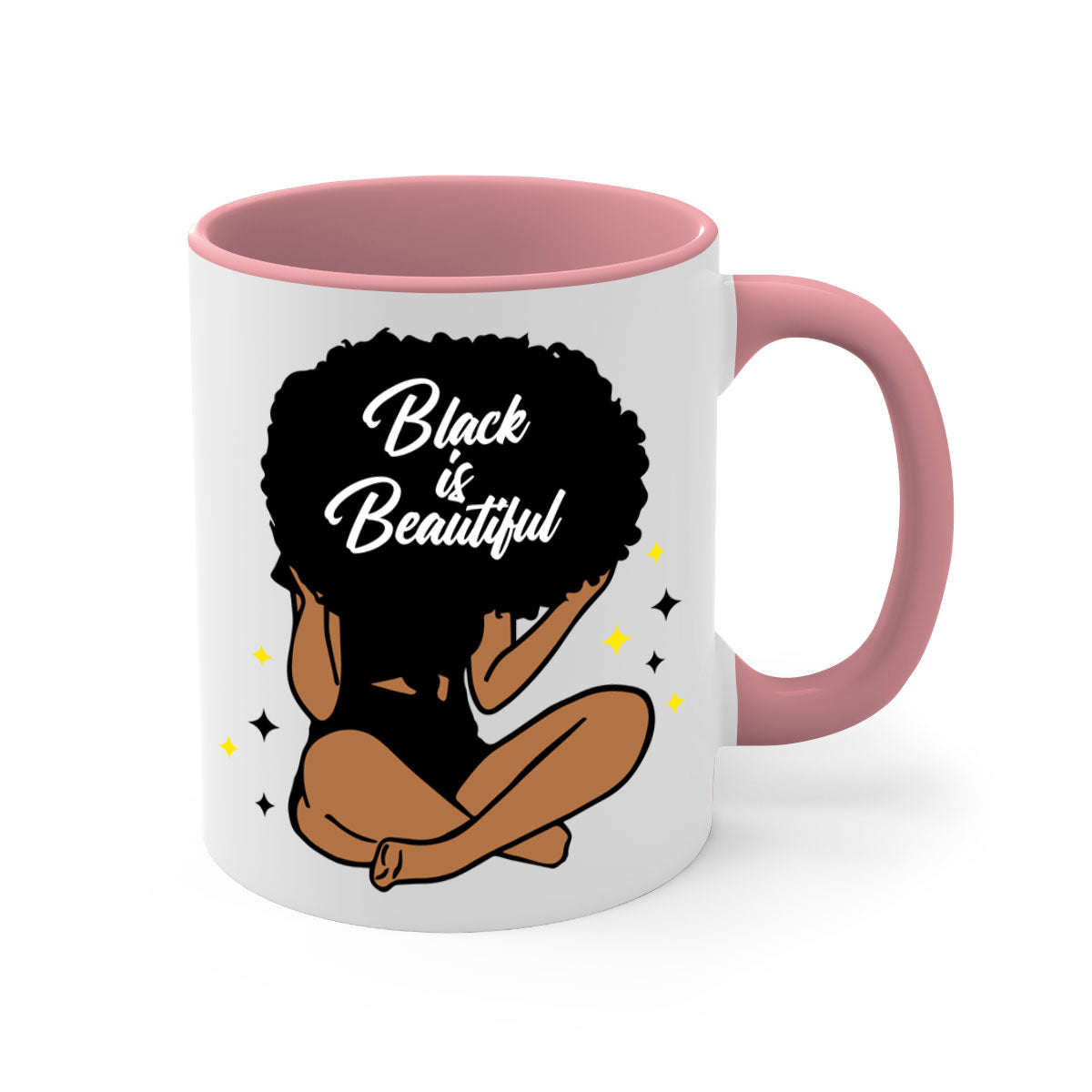 Black is Beautiful mug featuring a two-tone design with a colored handle and glossy finish, available in multiple colors.