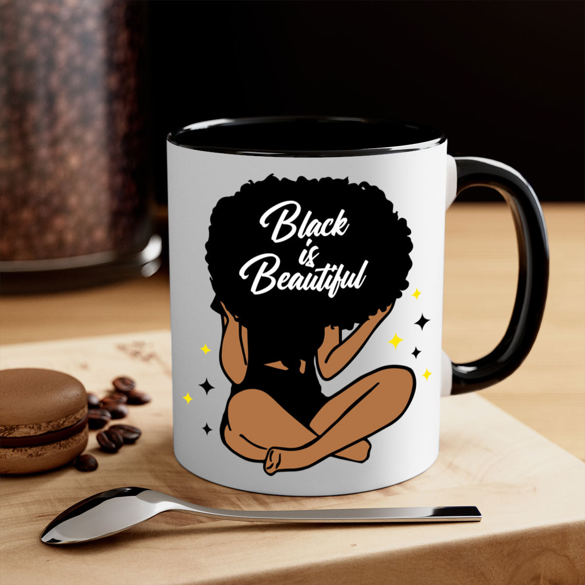 Black is Beautiful mug featuring a two-tone design with a colored handle and glossy finish, available in multiple colors.