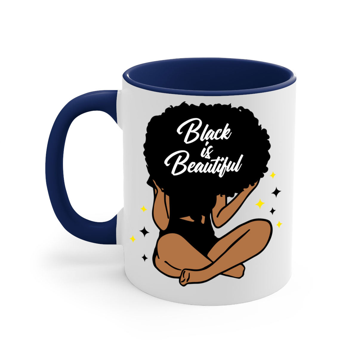 Black is Beautiful mug featuring a two-tone design with a colored handle and glossy finish, available in multiple colors.