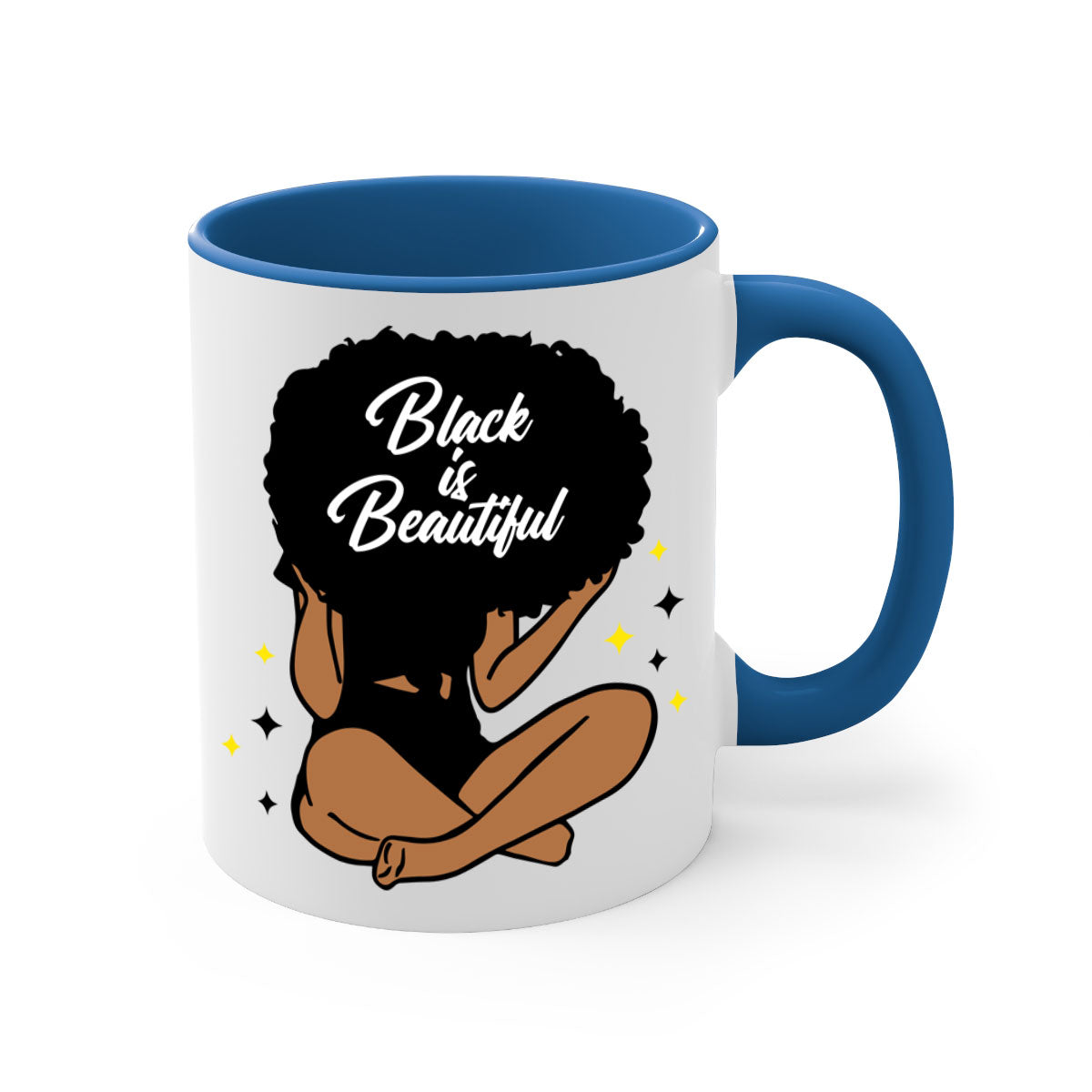 Black is Beautiful mug featuring a two-tone design with a colored handle and glossy finish, available in multiple colors.