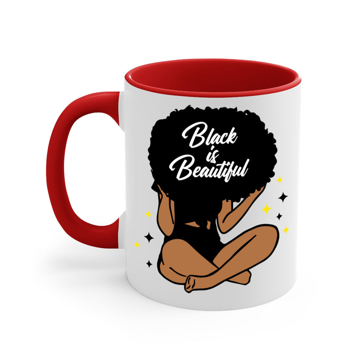 Black is Beautiful mug featuring a two-tone design with a colored handle and glossy finish, available in multiple colors.