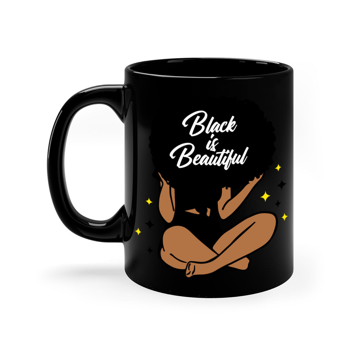 Black is Beautiful mug featuring a two-tone design with a colored handle and glossy finish, available in multiple colors.