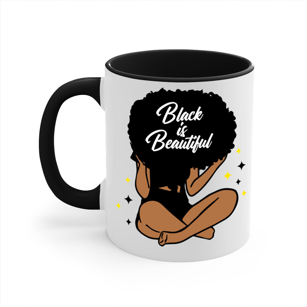 Black is Beautiful mug featuring a two-tone design with a colored handle and glossy finish, available in multiple colors.