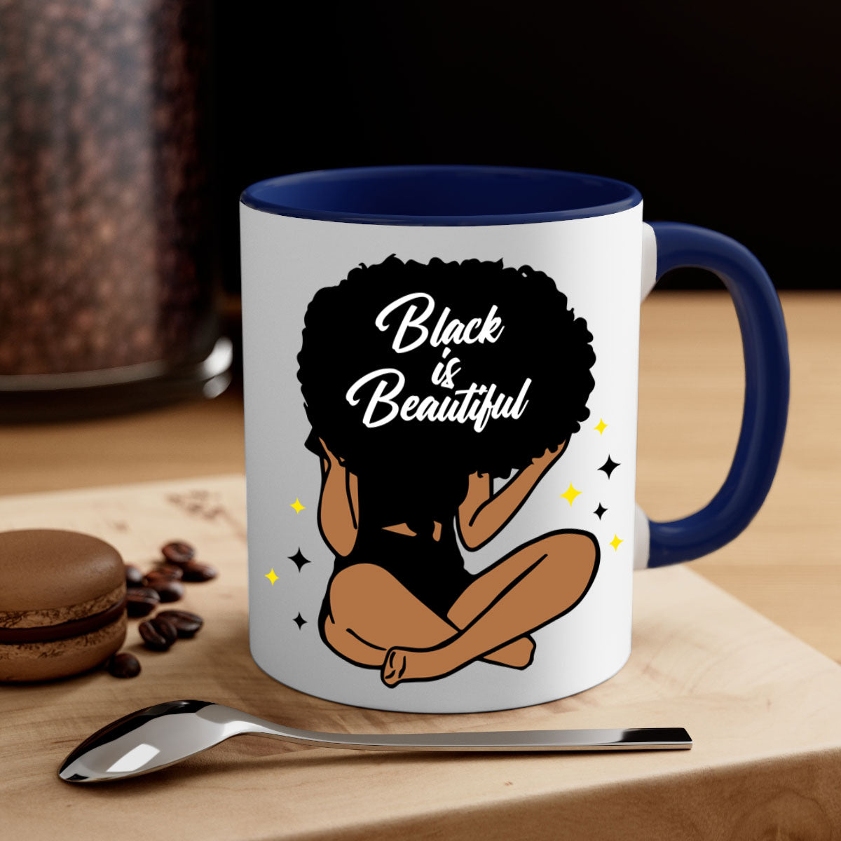 Black is Beautiful mug featuring a two-tone design with a colored handle and glossy finish, available in multiple colors.