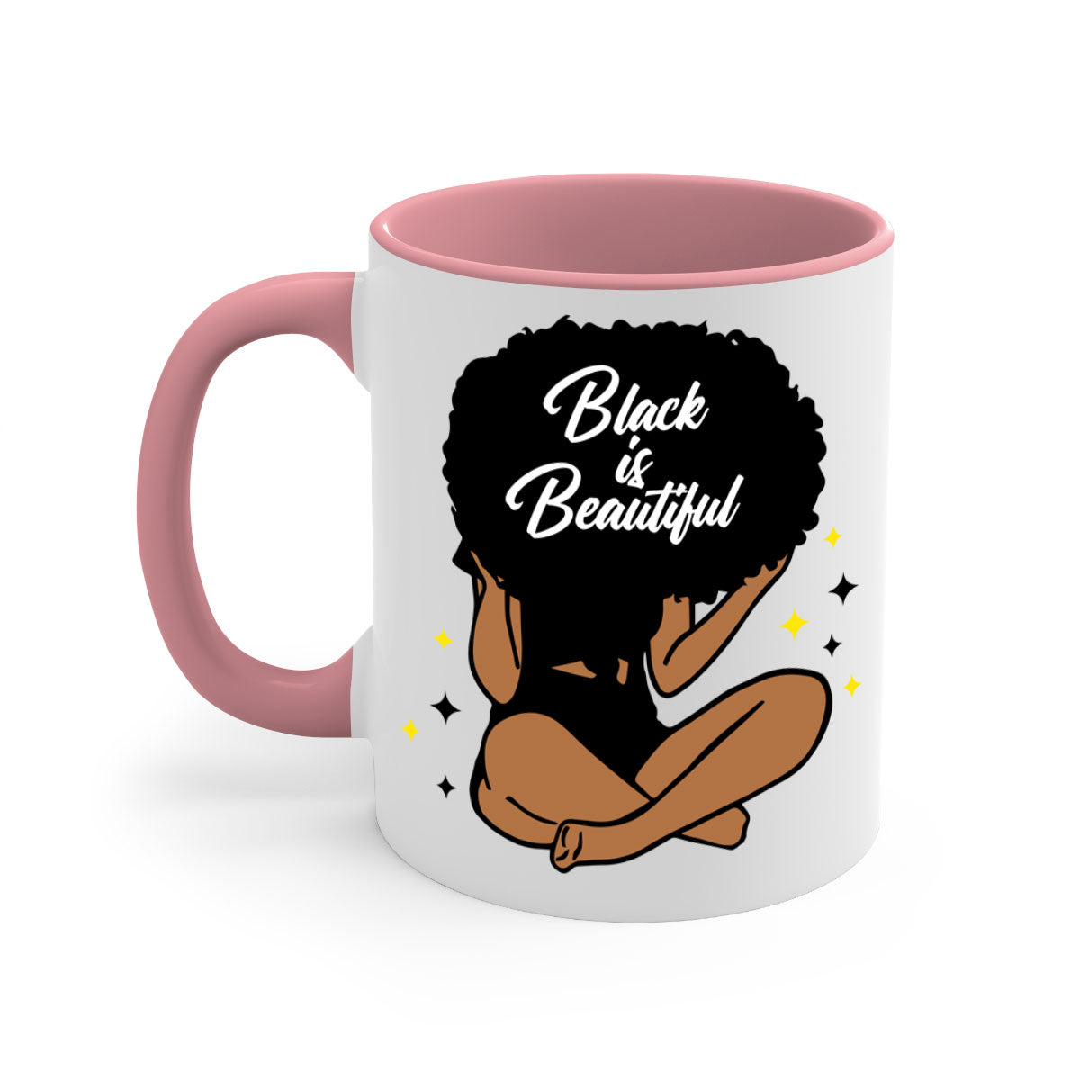 Black is Beautiful mug featuring a two-tone design with a colored handle and glossy finish, available in multiple colors.