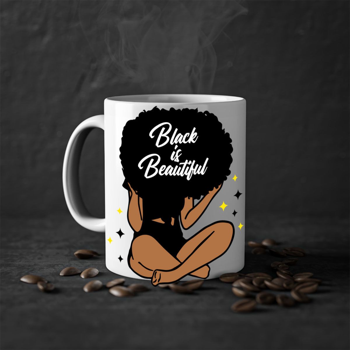 Black is Beautiful mug featuring a two-tone design with a colored handle and glossy finish, available in multiple colors.