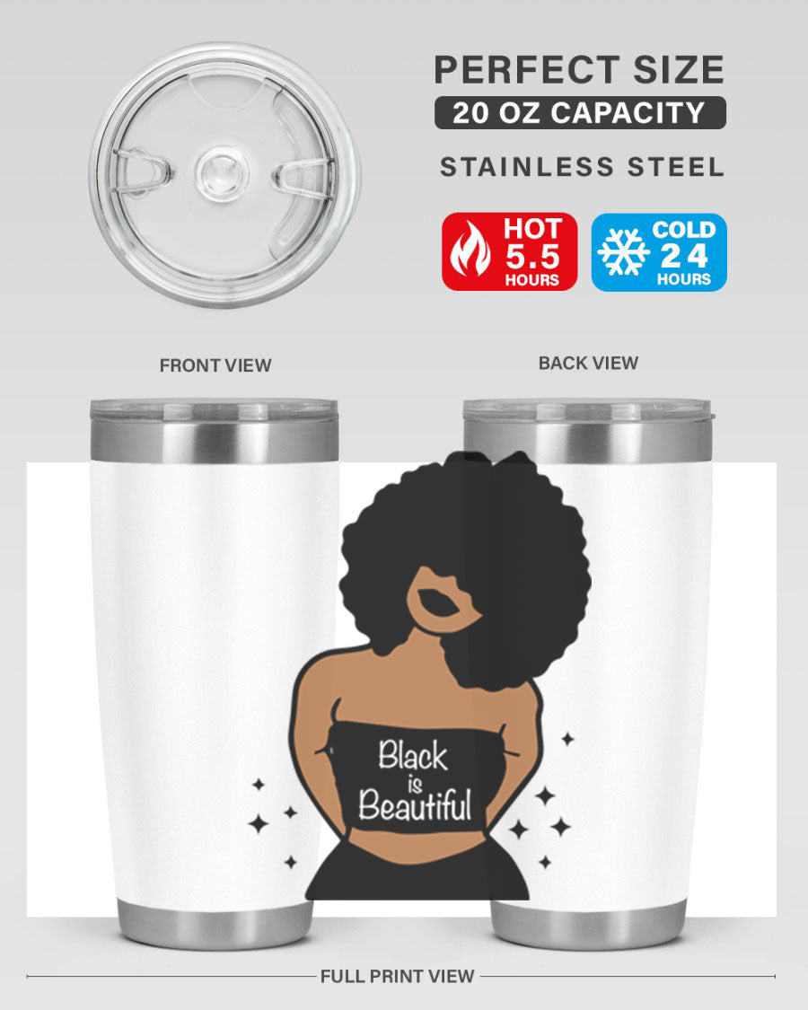 Black is Beautiful 16oz Tumbler showcasing a sleek design with double wall vacuum insulation and a drink-thru lid.