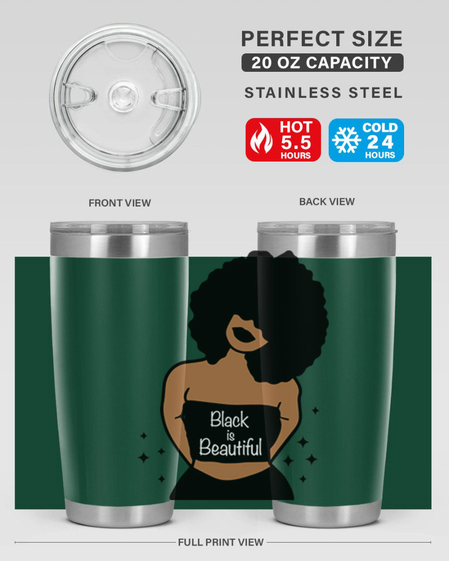 Black is Beautiful 16oz Tumbler showcasing a sleek design with double wall vacuum insulation and a drink-thru lid.