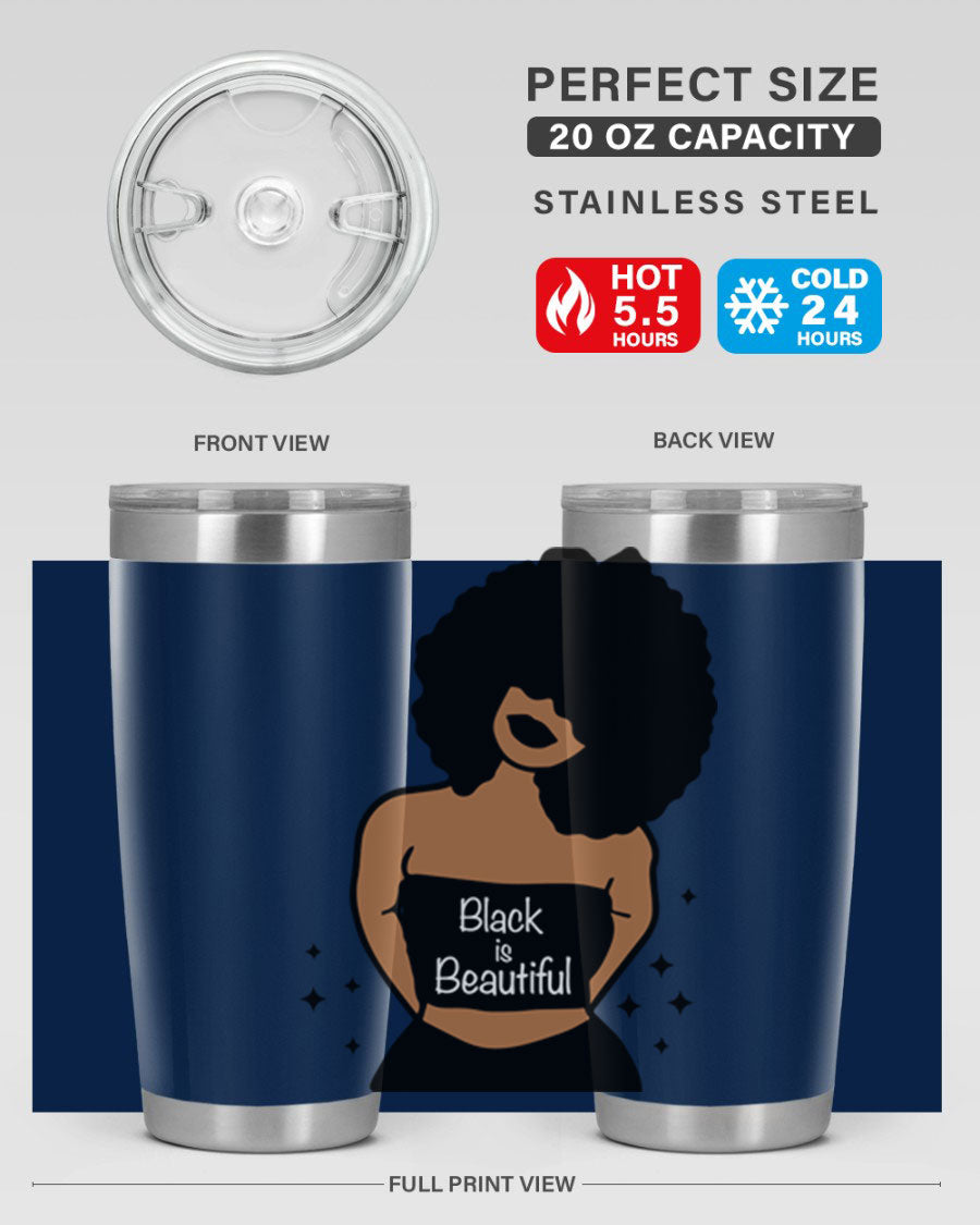 Black is Beautiful 16oz Tumbler showcasing a sleek design with double wall vacuum insulation and a drink-thru lid.