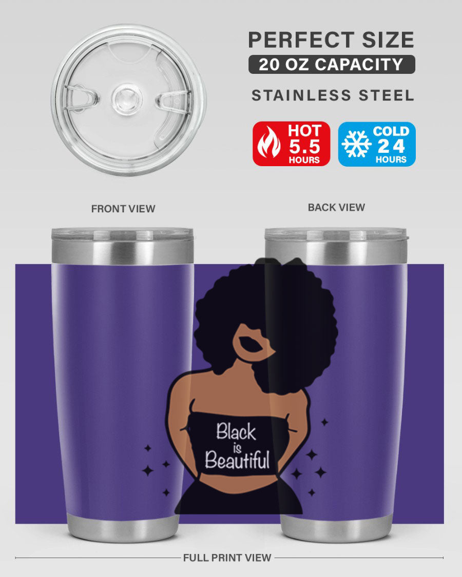 Black is Beautiful 16oz Tumbler showcasing a sleek design with double wall vacuum insulation and a drink-thru lid.