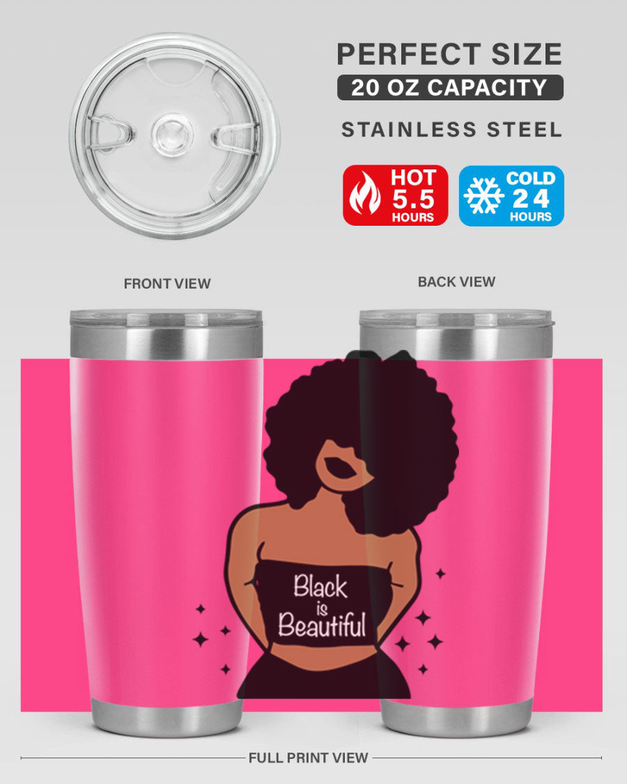 Black is Beautiful 16oz Tumbler showcasing a sleek design with double wall vacuum insulation and a drink-thru lid.