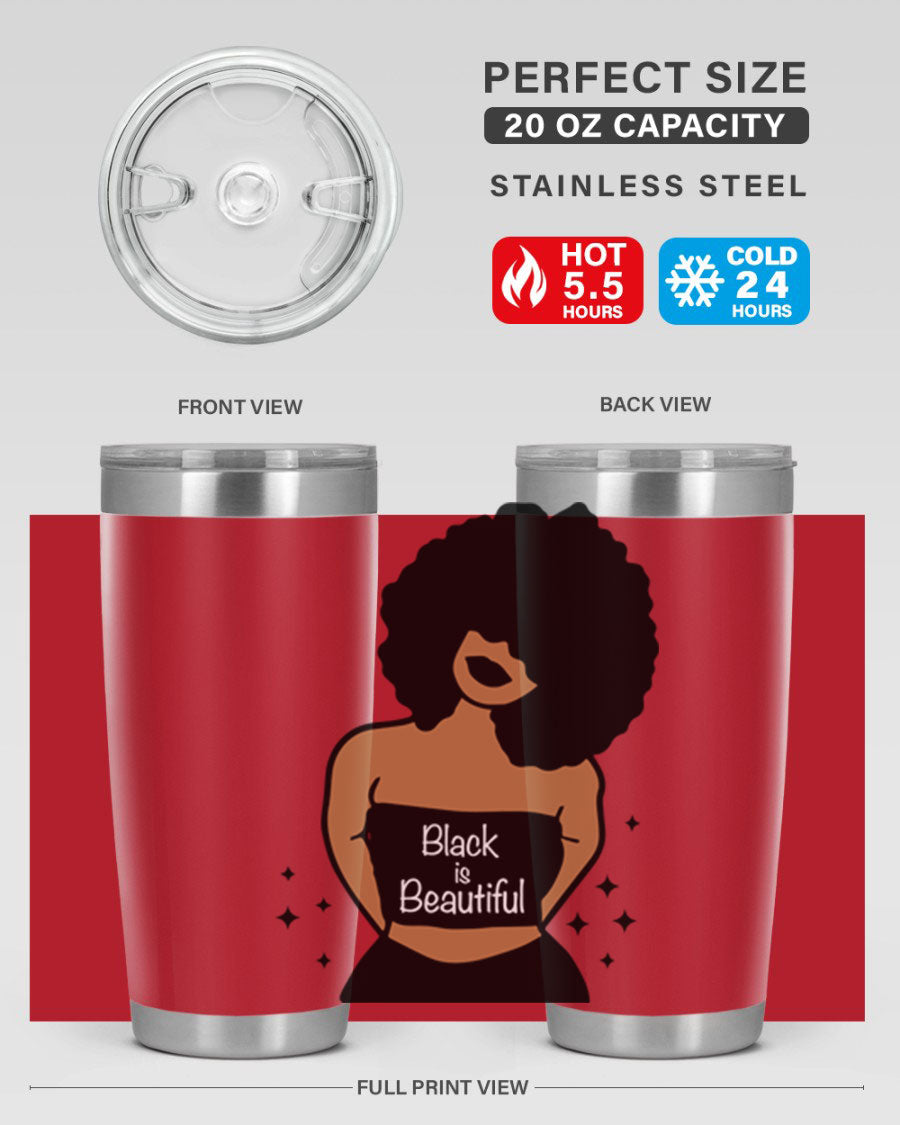 Black is Beautiful 16oz Tumbler showcasing a sleek design with double wall vacuum insulation and a drink-thru lid.